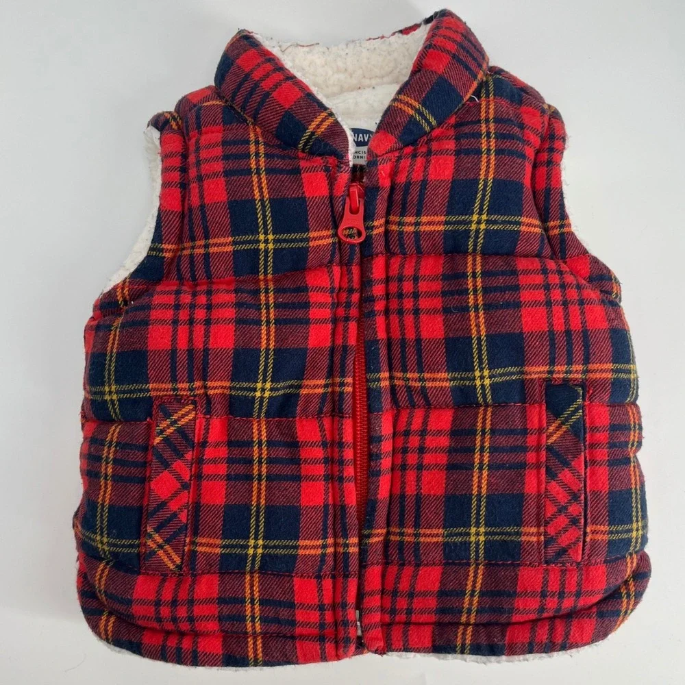Old Navy Plaid Fleece Lined Puffer Vest Baby Toddler Red‎ Blue Yellow 0-3M
